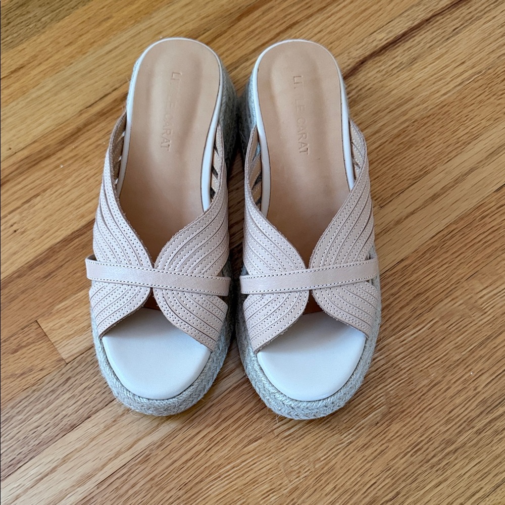 Leather Espadrille Slide Sandals in Light Camel